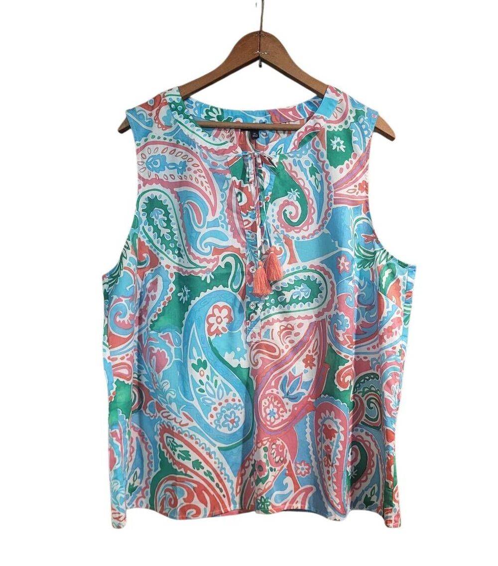 NWT Talbots Top Women's XL Multicolor Paisley Henley Tassel Boho Cotton